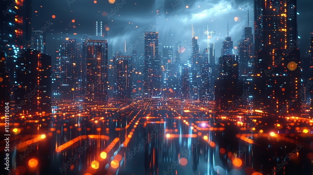 Technology screen with blurred city abstract lights background. Technology screen with blurred city abstract lights background.