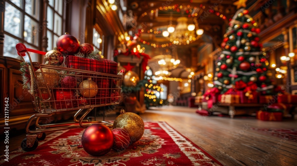 Shopping cart filled with holiday gifts in an empty room with a blurred tree and ornaments Shopping cart filled with holiday gifts in an empty room with a blurred tree and ornaments