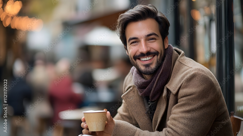64. A man with a distinctive fashion sense and a radiant smile, sipping coffee at an outdoor cafe 64. A man with a distinctive fashion sense and a radiant smile, sipping coffee at an outdoor cafe