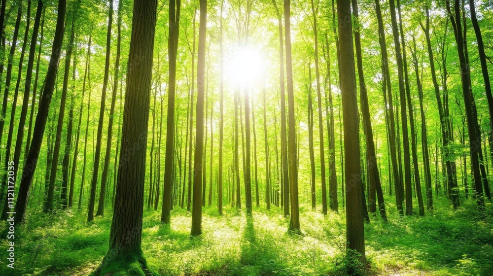 Lush Green Forest with Sunlight Streaming Through Tree Canopy Lush Green Forest with Sunlight Streaming Through Tree Canopy