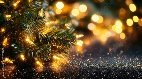 A beautiful Christmas scene with warm gold garland lights delicately draped over a dark background, creating a festive atmosphere. The lights shimmer with a gentle glow,