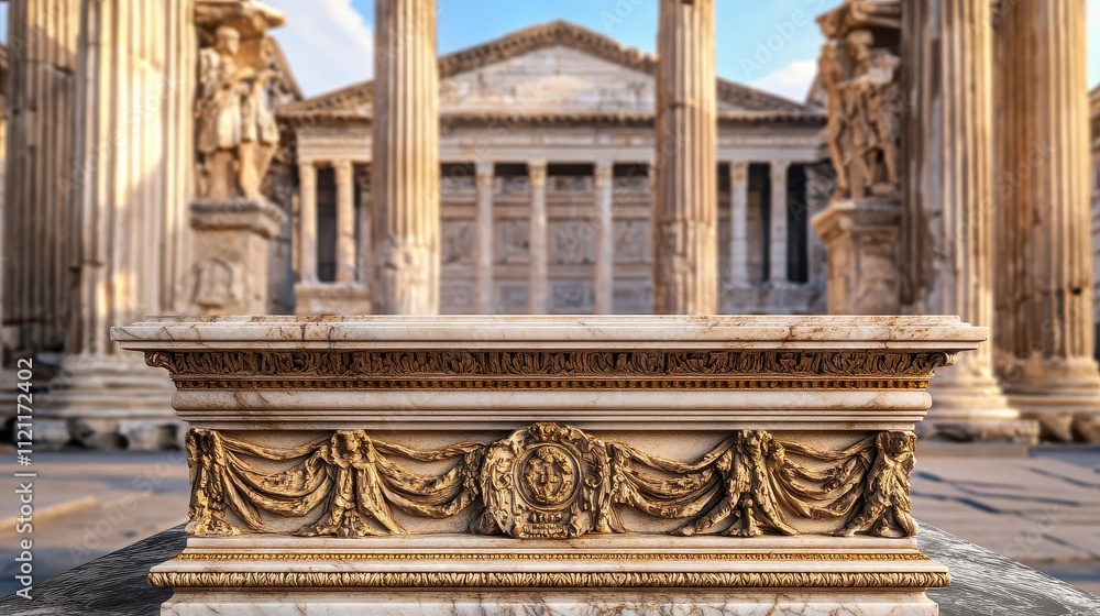 Fototapeta premium Ornate marble podium in front of a Roman temple, with tall Corinthian columns and detailed carvings, luxury product presentation, ancient Roman architecture