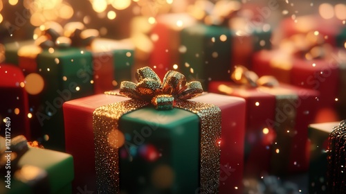 A beautiful row of 3D-rendered Christmas gift boxes, each wrapped in festive colors of red, green, and gold, with sparkling ribbons and tags.