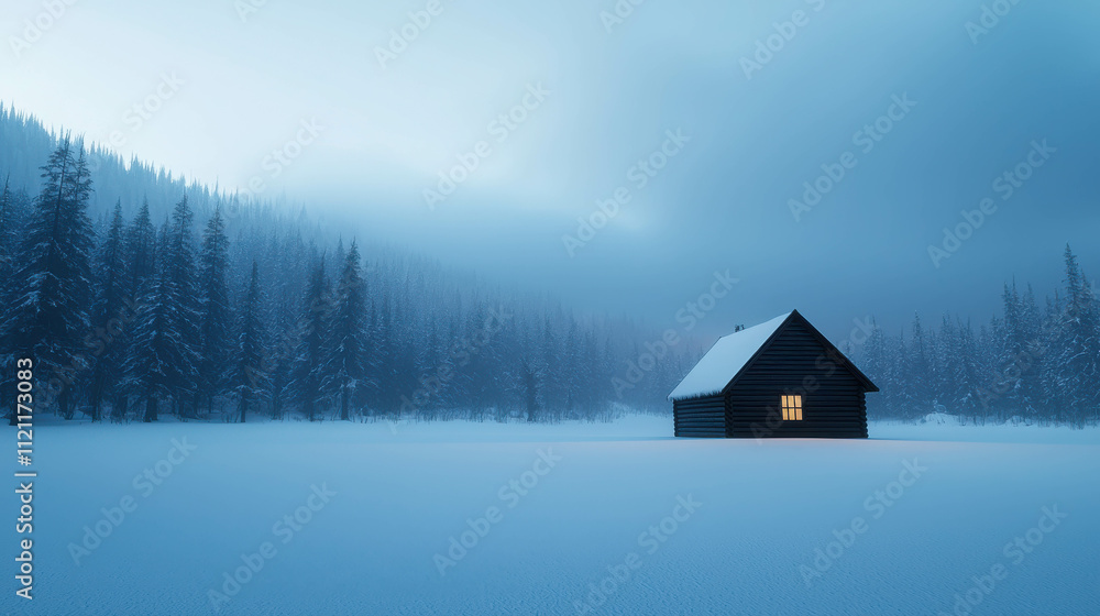 Solitude in the Snowy Wilderness: A lone cabin glows warmly amidst a vast, snow-covered landscape, nestled within a tranquil winter forest. The scene evokes feelings of peace, serenity, and escape. Solitude in the Snowy Wilderness: A lone cabin glows warmly amidst a vast, snow-covered landscape, nestled within a tranquil winter forest. The scene evokes feelings of peace, serenity, and escape.