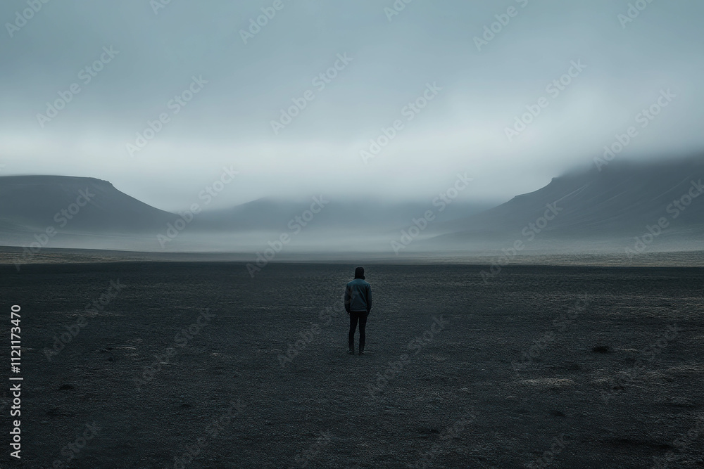 Solitary Figure Standing in Vast Desolate Landscape Under Overcast Sky Solitary Figure Standing in Vast Desolate Landscape Under Overcast Sky