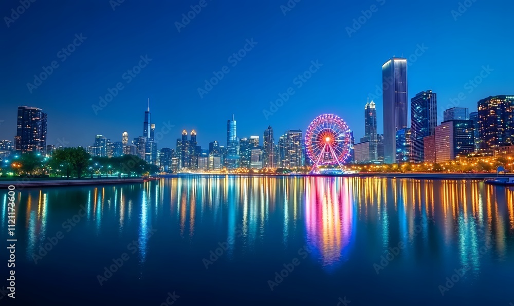 Fototapeta premium Illuminated Ferris wheel at night with cityscape in the background, Generative AI