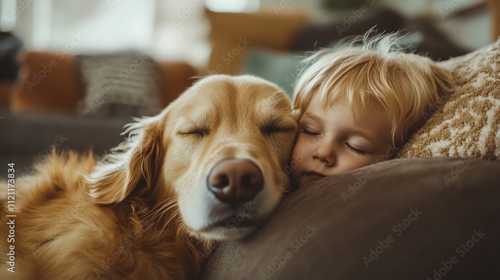 A little boy and his golden retriever dog are napping together on a couch. A little boy and his golden retriever dog are napping together on a couch.