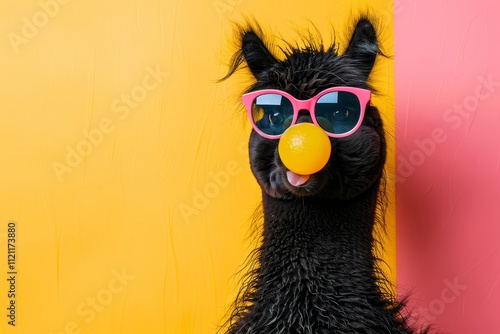 Charming alpaca with bubblegum and trendy pink sunglasses against a colorful background photo