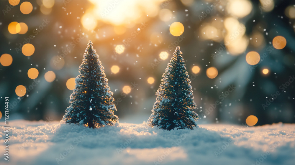 Snowy winter landscape with miniature trees glowing in the golden sunlight Snowy winter landscape with miniature trees glowing in the golden sunlight
