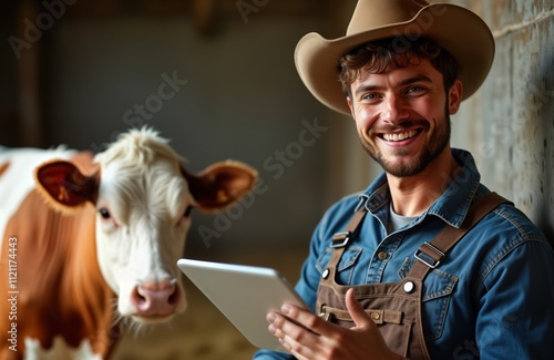 Young farmer uses tablet next to cow in barn. Happy male farmer smiles, looks at camera. Wears denim attire, holds tablet device. Modern agriculture technology connected to farm animals. Rural scene photo