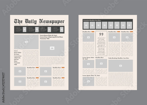 Graphical layout newspaper template or daily newspaper with text and picture placeholder.