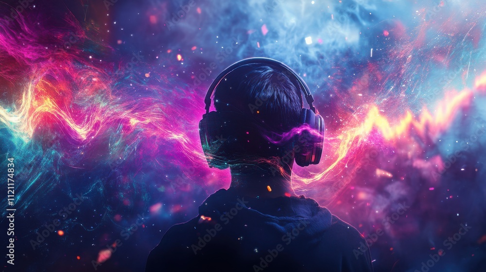 Person Wearing Headphones Immersed in Vibrant Cosmic Soundscape Person Wearing Headphones Immersed in Vibrant Cosmic Soundscape
