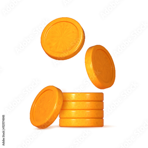3D gold coin. Stacks of money representing finance, investment, and savings. Game elements include a pile of golden pennies. Treasure heap in a creative cartoon design.	