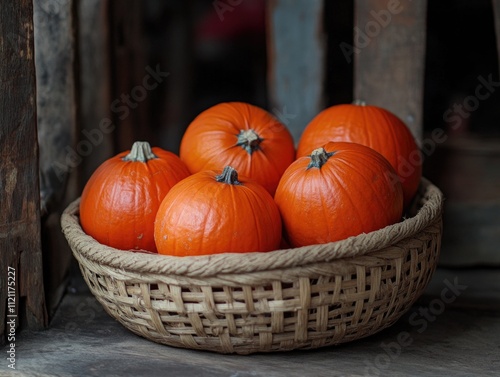 Orange pumpkins on wooden table photo