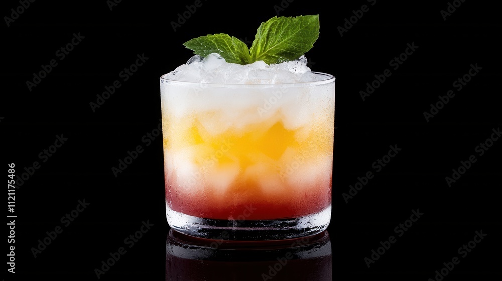 Refreshing Layered Cocktail with Ice and Mint Garnish on Black Background Refreshing Layered Cocktail with Ice and Mint Garnish on Black Background