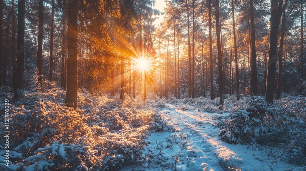 Beautiful winter forest at sunrise illuminating snowy path and trees with golden light Beautiful winter forest at sunrise illuminating snowy path and trees with golden light