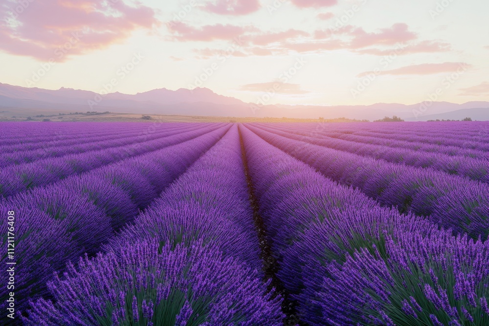 Fototapeta premium Vibrant lavender field under a colorful sunset in the countryside