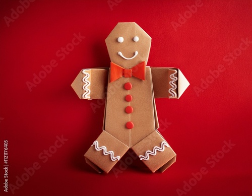 Origami gingerbread man cokkie made of paper on red background with copy space. Generated image photo