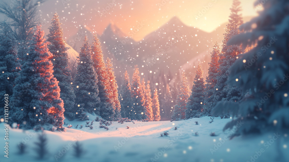 Snowfall blankets a tranquil mountain landscape at sunset in winter wonderland Snowfall blankets a tranquil mountain landscape at sunset in winter wonderland