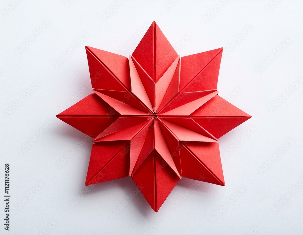 Origami red snowflakes on a white background with copy space. Generated image