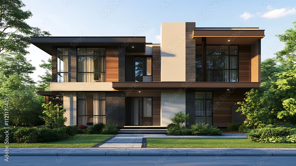 Obraz premium Luxurious modern duplex house captured in high-resolution detailed imagery