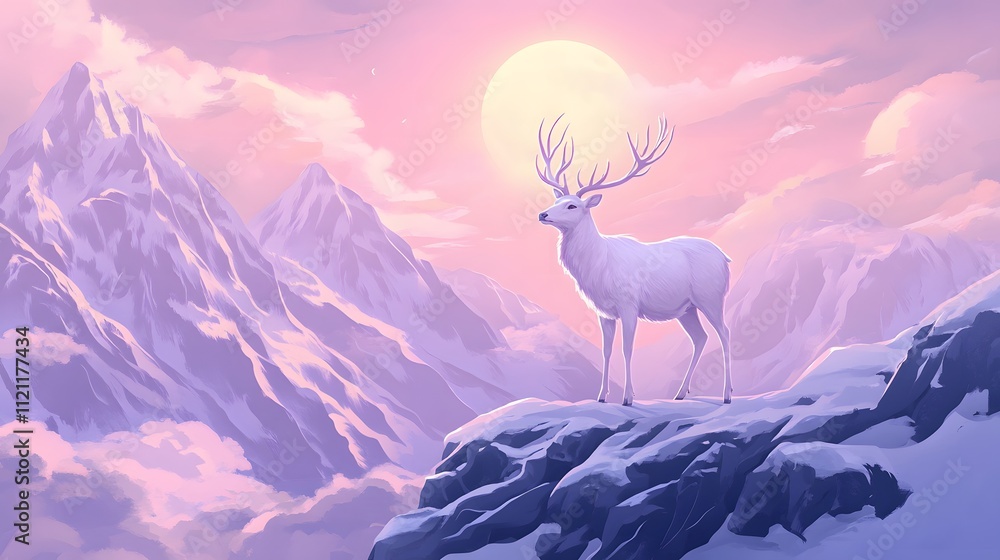 A majestic white deer with perfect antlers, on the mountain and the beautiful view of the full moon at night A majestic white deer with perfect antlers, on the mountain and the beautiful view of the full moon at night