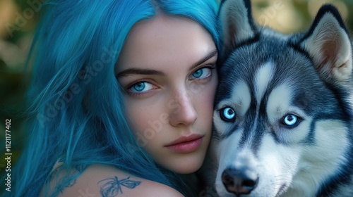 Stunning BlueHaired Woman with Husky Dog Closeup Portrait, Nature, Friendship, Loyalty, Beauty photo