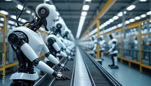 Futuristic factory shows many white robots working on assembly line. Robots making parts for machinery. Automated tech makes progress. High tech manufacturing in future. Advanced production in