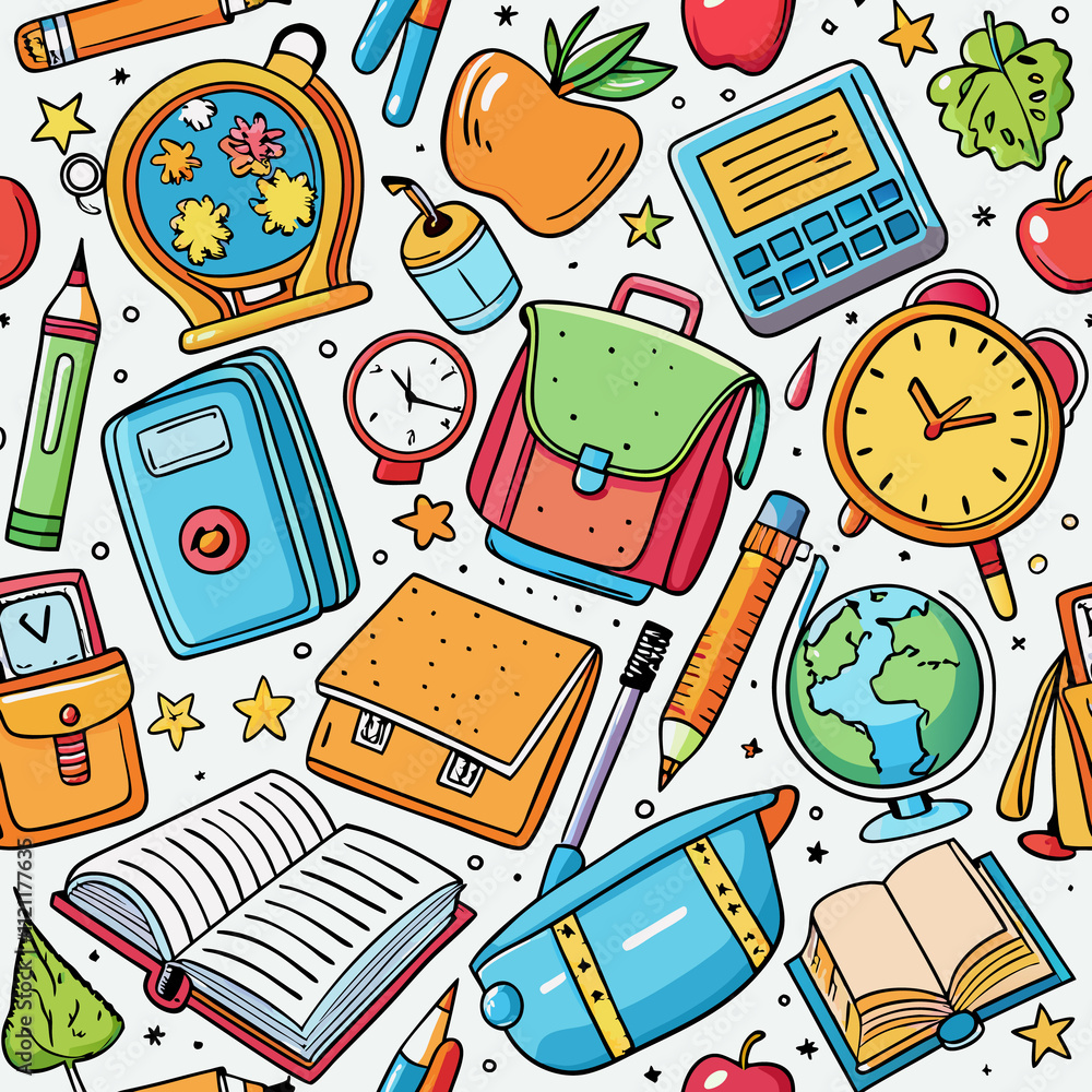 Colorful back to school seamless pattern with stationery, books, and school supplies. Colorful back to school seamless pattern with stationery, books, and school supplies.