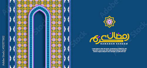 Ornamental pattern stone relief in the Arabic architectural style of an Islamic mosque, serving as a greeting card for Ramadan and Eid Mubarak. Calligraphy translation: Ramadan Kareem.