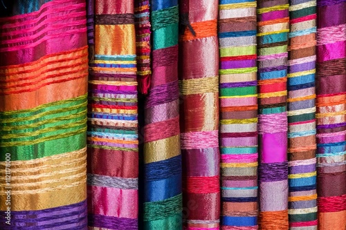Traditional colorful fabrics for sale in Marrakesh, Morocco
