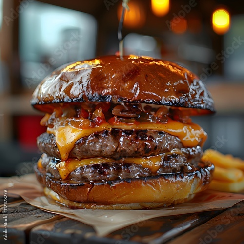 Classic cheeseburger topped with a juicy steak patty on a toasted brioche bun with a campingthemed food truck in the background captured with a slow shutter speed to convey motion photo