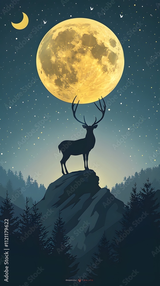 A majestic white deer with perfect antlers, on the mountain and the beautiful view of the full moon at night A majestic white deer with perfect antlers, on the mountain and the beautiful view of the full moon at night