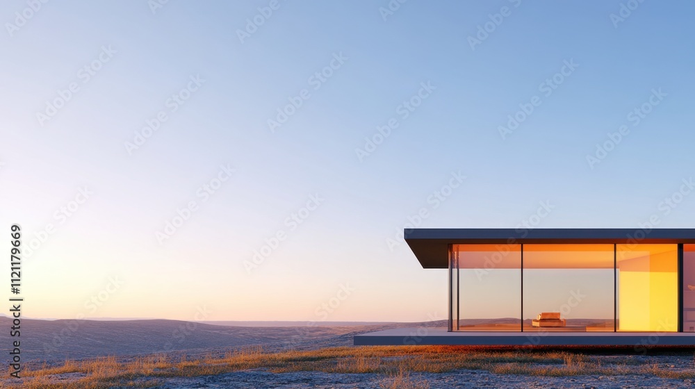 Modern minimalist house in scenic landscape at sunrise glow Modern minimalist house in scenic landscape at sunrise glow