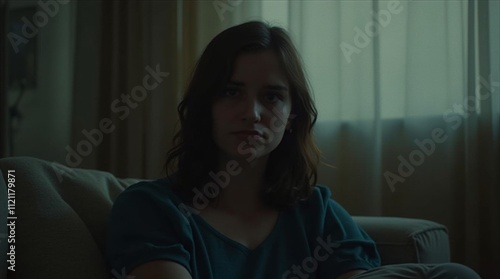 A close-up of a person sitting indoors with a gloomy expression, surrounded by dim lighting and closed curtains photo