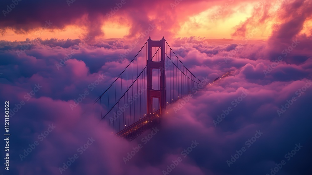 Fototapeta premium Golden Gate Bridge surrounded by glowing sunset clouds, its majestic form standing tall against the colorful