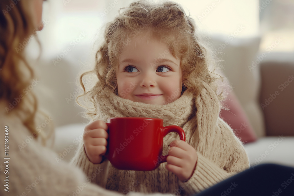 Fototapeta premium A little girl with curly hair holding a red mug. She is dressed in a cozy sweater and scarf, sitting in a warm home setting with a bright smile. The atmosphere is full of warmth and comfort