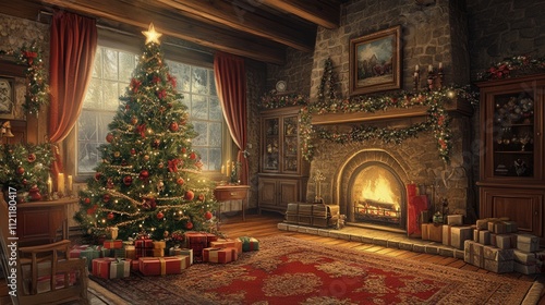 Wallpaper Mural A cozy holiday scene featuring a beautifully decorated Christmas tree beside a crackling fireplace. Torontodigital.ca