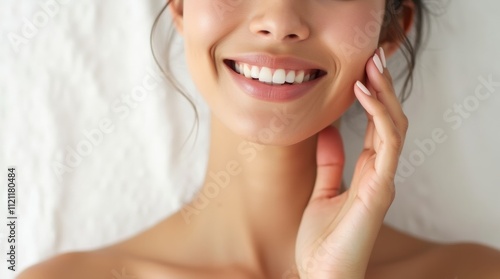 A closeup of a radiant asian woman with smooth, hydrated skin, gently touching her cheek while smiling against a soft, white background