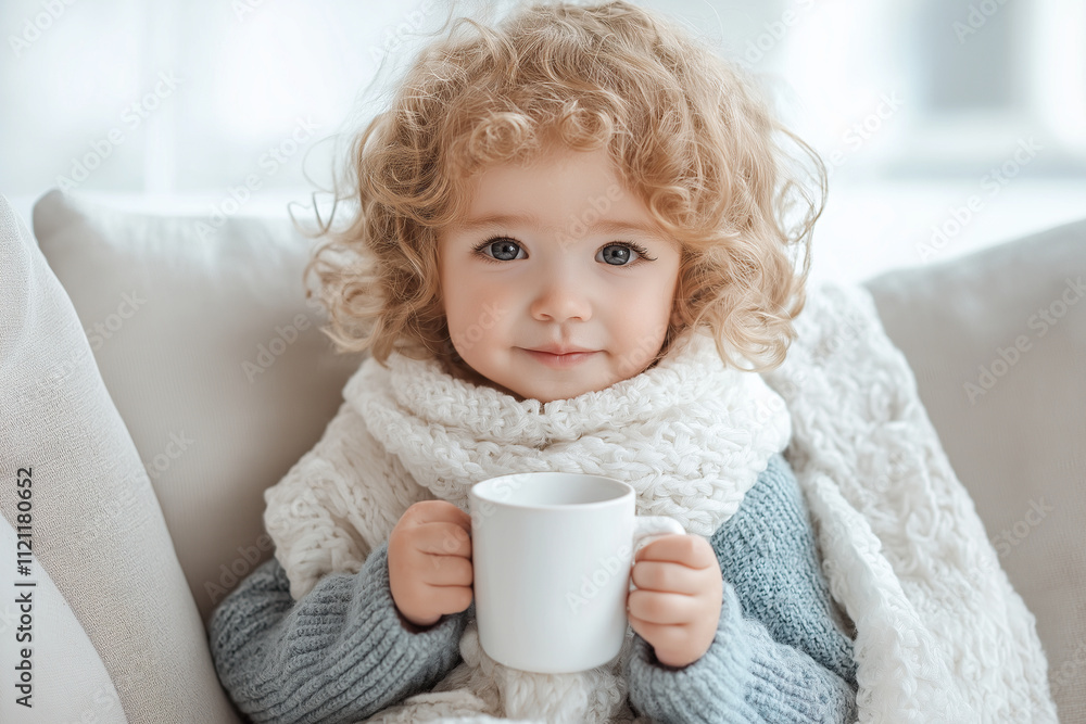 Adorable curly-haired toddler with blue-gray eyes, dressed in a cozy knit sweater and chunky white scarf, holding a white mug on a couch. Soft natural light creates a serene, warm winter ambiance Adorable curly-haired toddler with blue-gray eyes, dressed in a cozy knit sweater and chunky white scarf, holding a white mug on a couch. Soft natural light creates a serene, warm winter ambiance