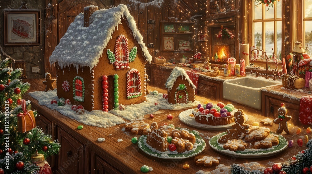 A cozy kitchen filled with the smell of gingerbread as children decorate their gingerbread houses with candies, icing, and gumdrops A cozy kitchen filled with the smell of gingerbread as children decorate their gingerbread houses with candies, icing, and gumdrops