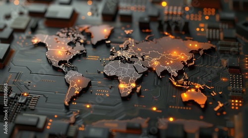 This close-up image shows a detailed world map on a computer board. Suitable for technology, global communication, online connectivity, digital networking