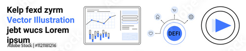 Bar and line charts, decentralized finance structure, and play button. Ideal for business analytics, finance, start-ups, technology innovation, digital growth, economic analysis, educational content