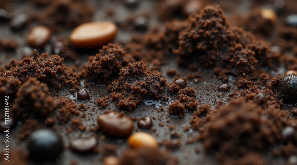 A close-up of wet soil with visible water droplets, showcasing rich brown and dark hues A close-up of wet soil with visible water droplets, showcasing rich brown and dark hues