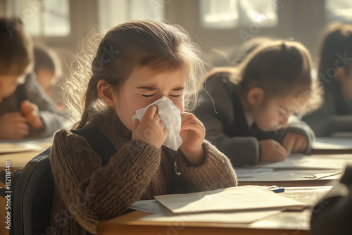 A young girl sneezing into a tissue in a sunny classroom. Other children are focused on their work in the background. The scene illustrates health issues like colds or flu among school-aged children