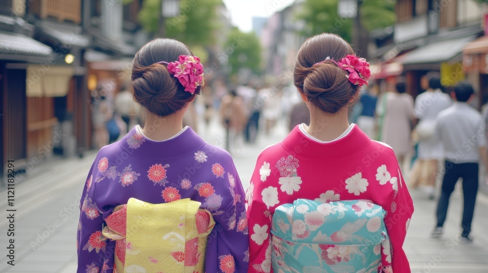 Two Women in Traditional Kimono Walking in a Historic Japanese Street Two Women in Traditional Kimono Walking in a Historic Japanese Street