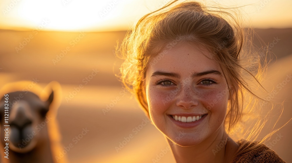 Golden Sunset Freckles Desert Camel Woman Happy Travel Portrait Golden Sunset Freckles Desert Camel Woman Happy Travel Portrait