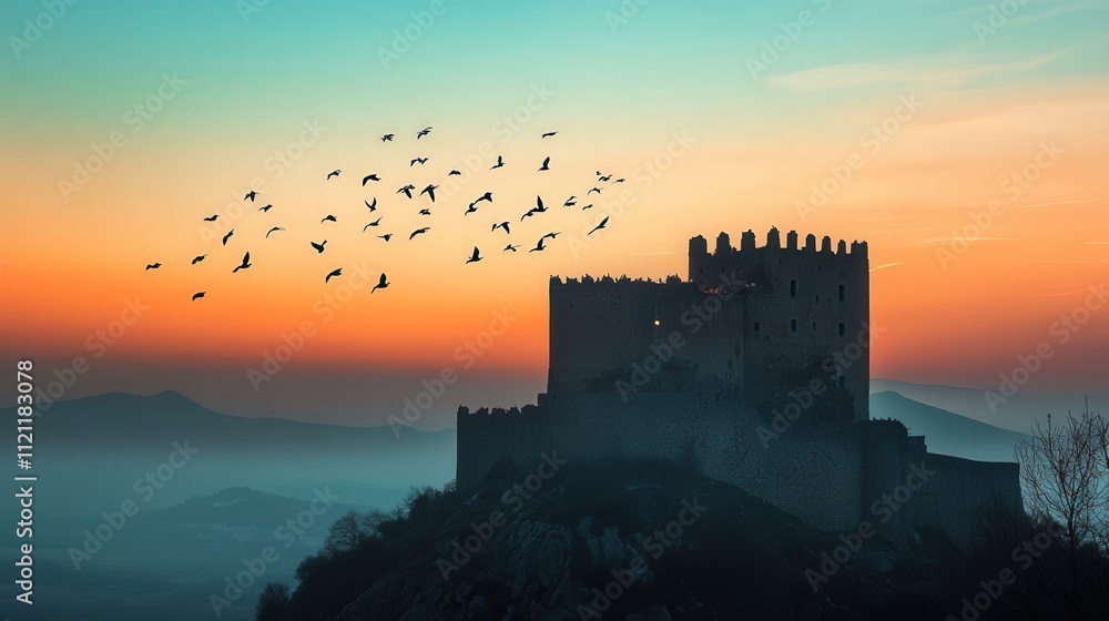 Fototapeta premium flock of birds moving harmoniously around a castle, the peaceful dusk sky providing a calming atmosphere