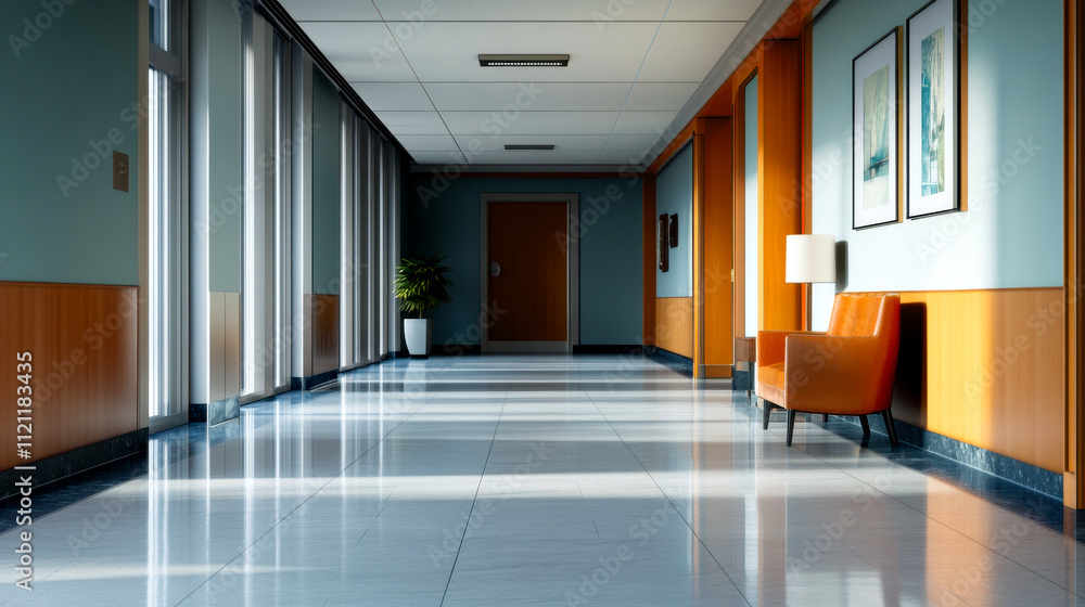 Fototapeta premium A modern hallway with wooden accents, large windows, and a stylish orange chair, offering a bright and inviting atmosphere.