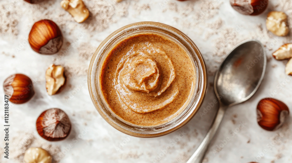 A flat lay showcasing creamy hazelnut butter surrounded by whole hazelnuts on a light background, perfect for healthy snacks or baking inspiration